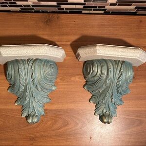 Pair of Decorative Wall Corbels - Aqua Blue with Gold Accents